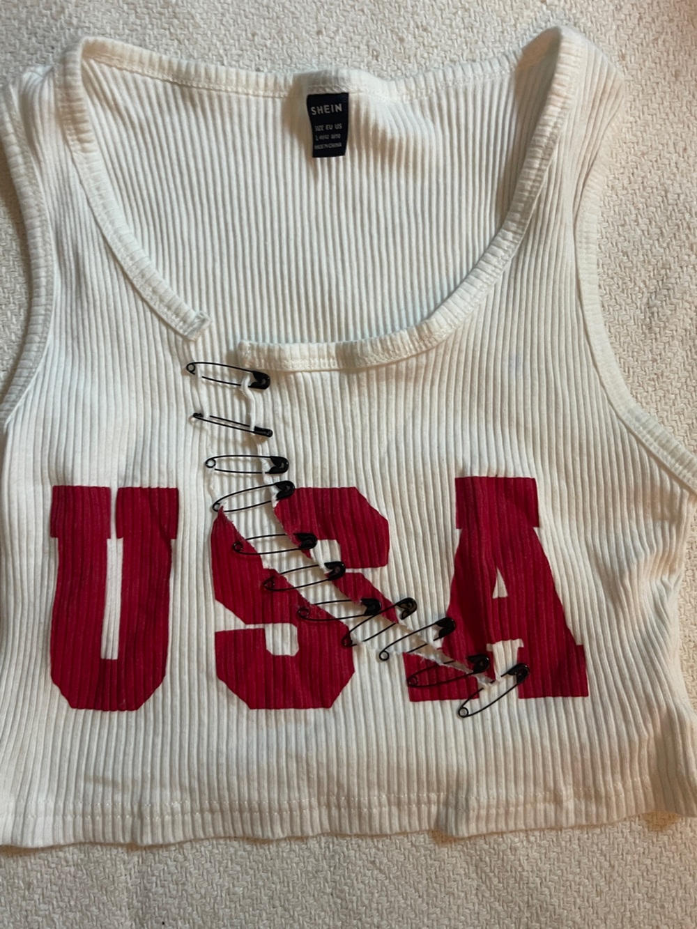 SHEIN White Ribbed Tank with Red USA Graphic